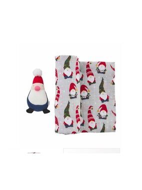 NEW Mud Pie Christmas Baby Swaddle Blanket Muslin Cotton & Small Plush Toy Gnome